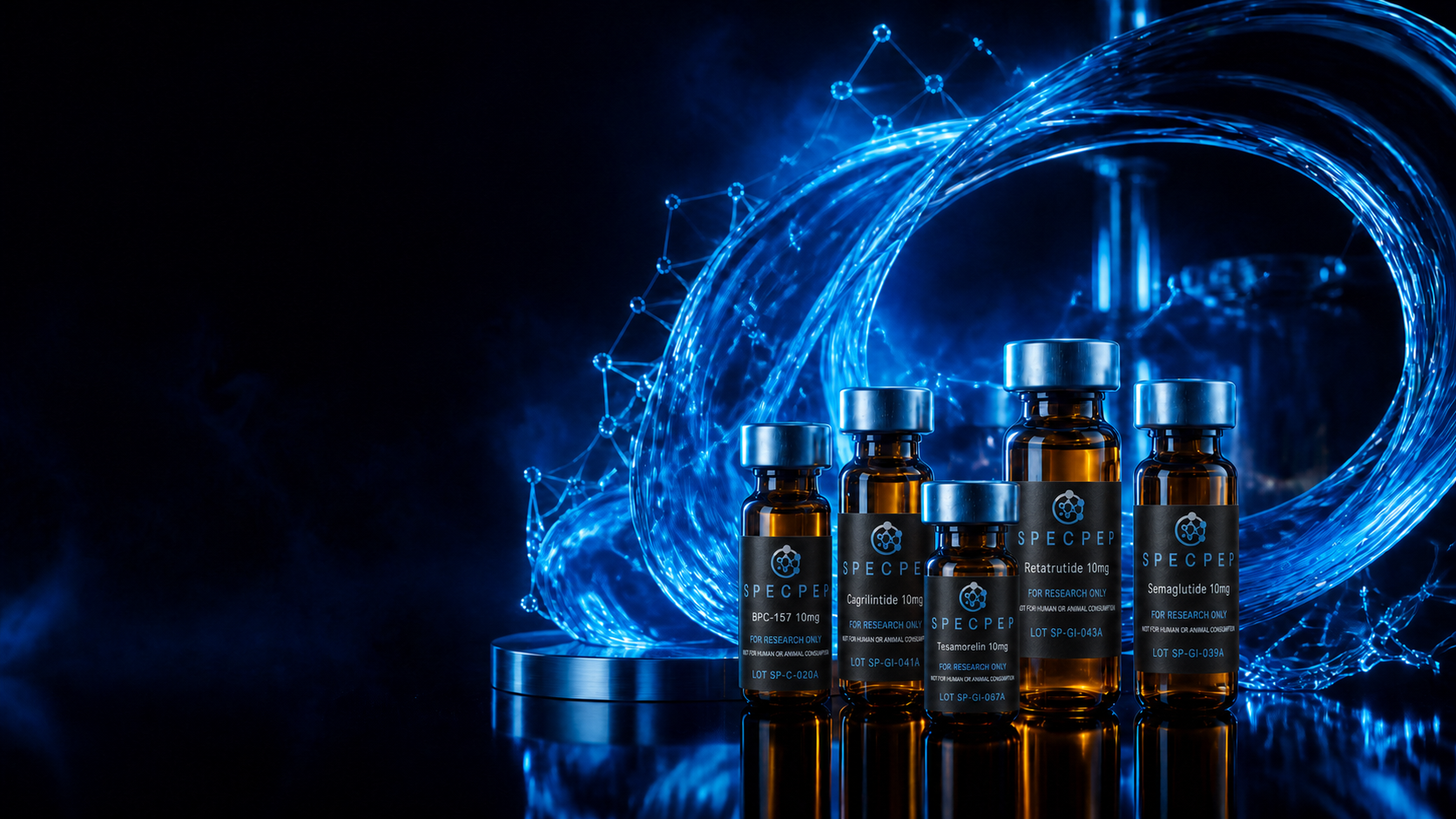 SpecPep research material vials against a molecular light sculpture